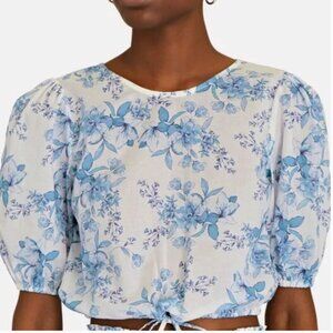 INTERMIX Blue and White Poppy Floral Crop Balloon Sleeve Top size P (XS)
